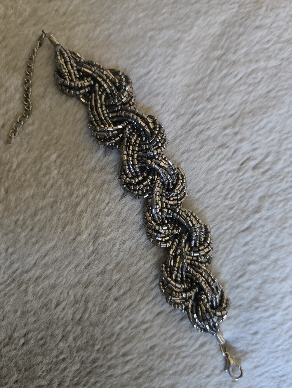 Vintage Gunmetal Gray Seed Bead Multi-Strand Braided Statement Bracelet